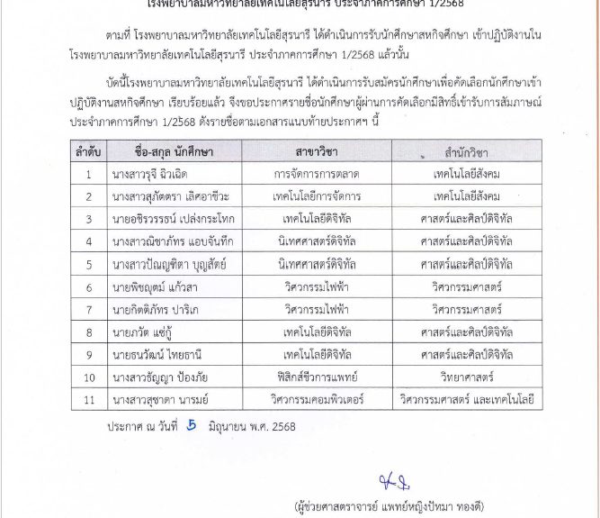 รายชื่อผู้ผ่านการคัดเลือกมีสิทธิ์เข้ารับการสัมภาษณ์เข้าสหกิจศึกษาโรงพยาบาลมหาวิทยาลัยเทคโนโลยีสุรนารี ประจำภาคการศึกษา 1/2568