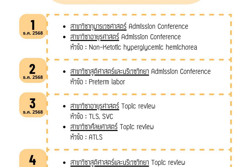 กิจกรรมวิชาการ แพทย์เพิ่มพูนทักษะและแพทย์ใช้ทุน ประจำวันที่ 1 – 4 ธันวาคม 2568 กิจกรรมวิชาการ แพทย์เพิ่มพูนทักษะและแพทย์ใช้ทุน ประจำวันที่ 1 – 4 ธันวาคม 2568